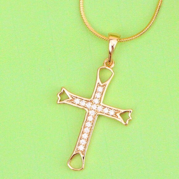 "Elegant Rose Gold Cross Pendant with CZ Stones and Cutout Design, XPPT1848 - Picture 1 of 13